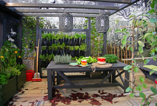  both large planter boxes and plastic planters attached to a trellis