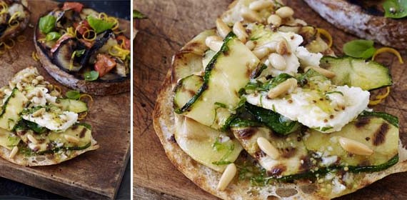 Toasted pide with grilled courgettes, feta and pine nuts